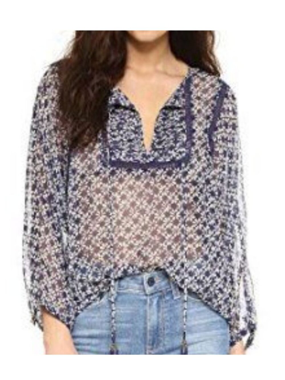 TWELFTH STREET BY CYNTHIA VINCENT 100% Silk Navy & White Peasant Blouse M